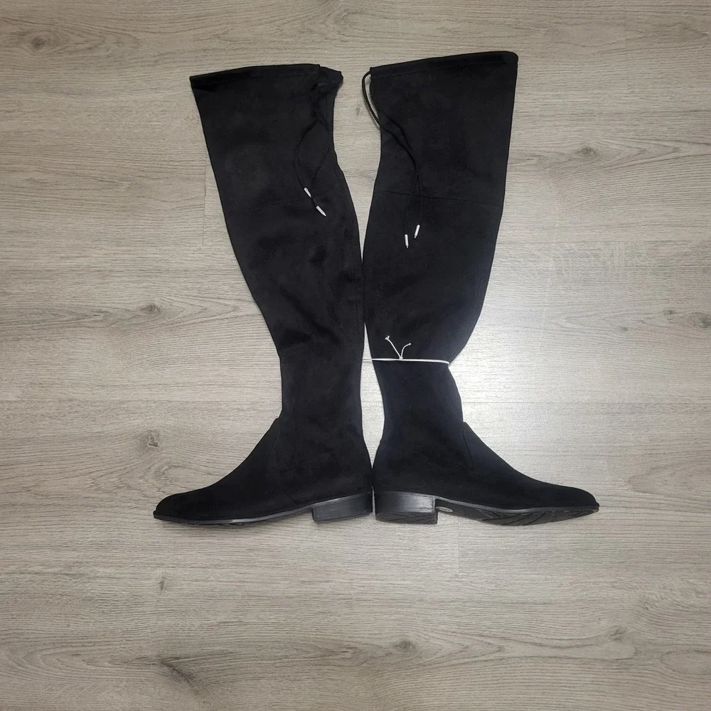 Marc Fisher Black Faux Suede Over The Knee Flat Boots Size 5 Tie Back Thigh High